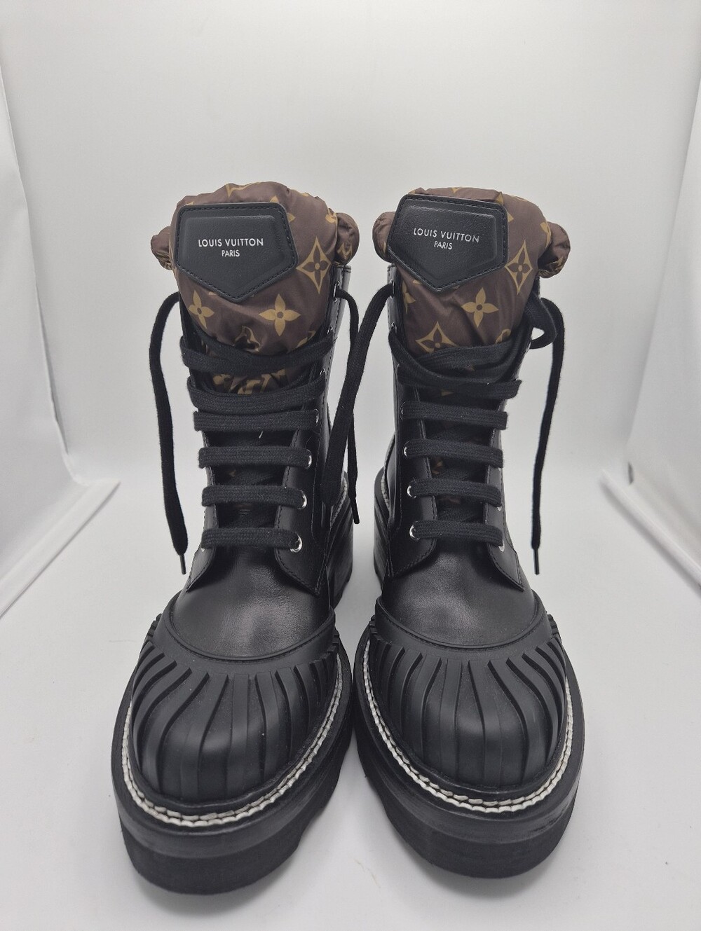 Louis Vuitton Black Leather Combat Boots with Brown Monogram Cuff